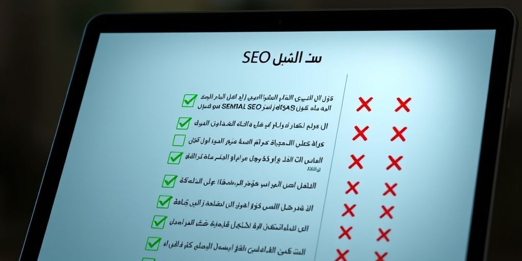 A checklist in Persian with green checkmarks next to SEO best practices and red Xs next to common mistakes, overlaid on a modern WordPress site interface.