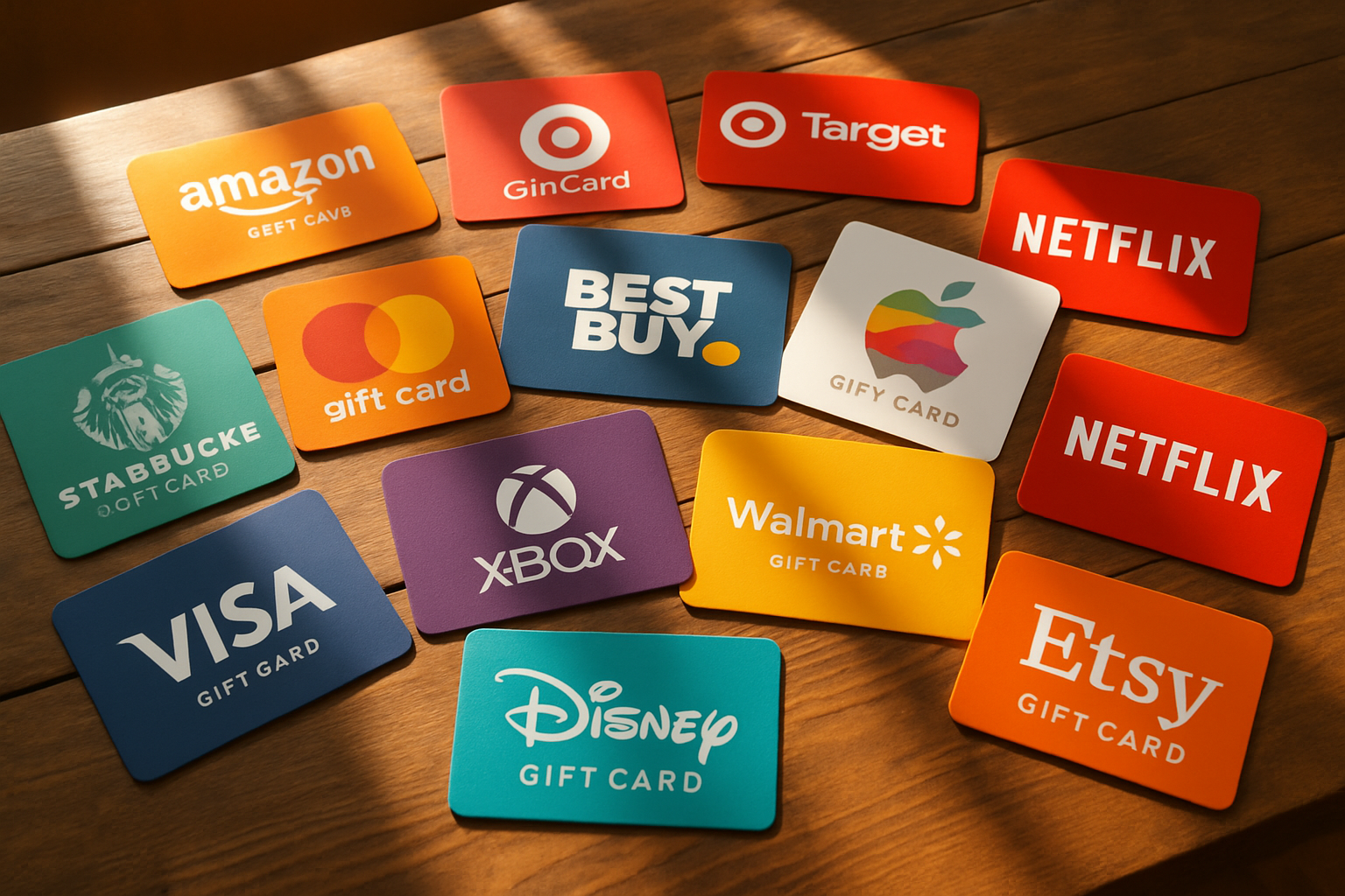 A colorful display of various gift cards from popular brands set on a wooden table, capturing the attention with vibrant colors and thoughtful design.