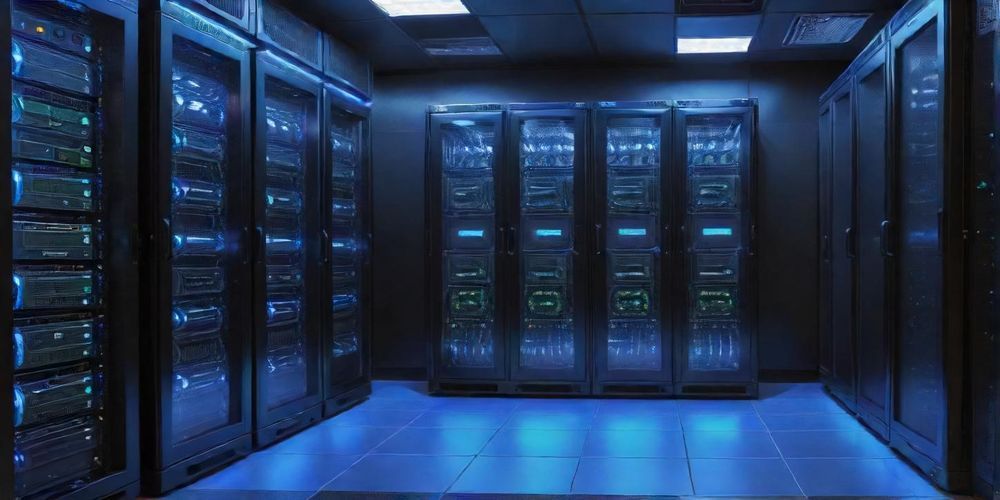 A vibrant image of a modern web hosting server room showcasing high-end technology and multiple servers working harmoniously.