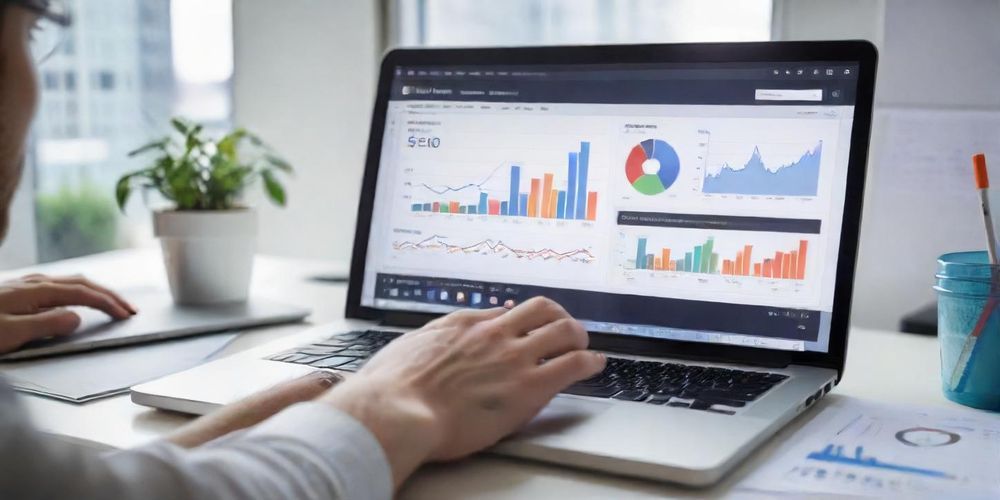 A person analyzing SEO performance data on a laptop, showcasing graphs and metrics in an office environment, emphasizing the importance of data analysis in SEO strategies.