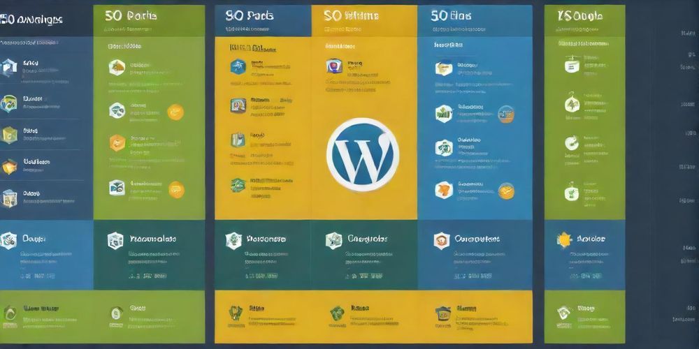 An infographic illustrating various SEO plugins for WordPress, including Yoast SEO and Rank Math, designed with vibrant colors and easy-to-understand elements.