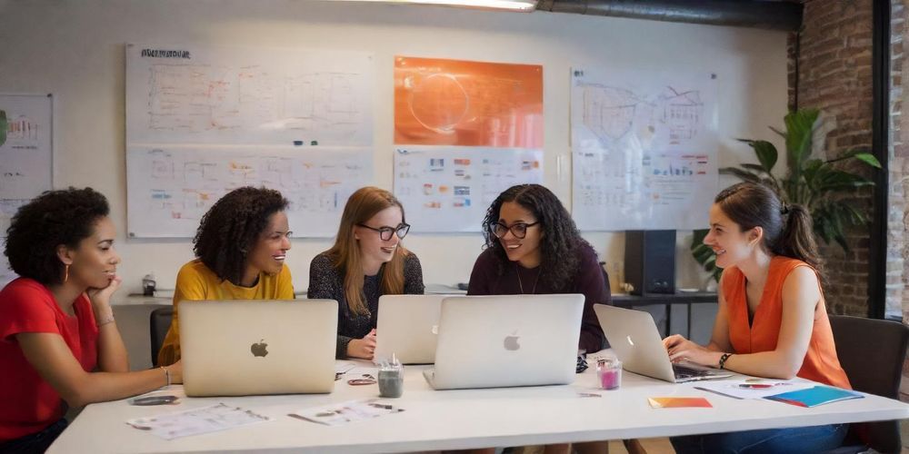 A vibrant scene depicting a group of diverse individuals engaging in a digital marketing brainstorming session, surrounded by laptops, charts, and SEO-related materials.