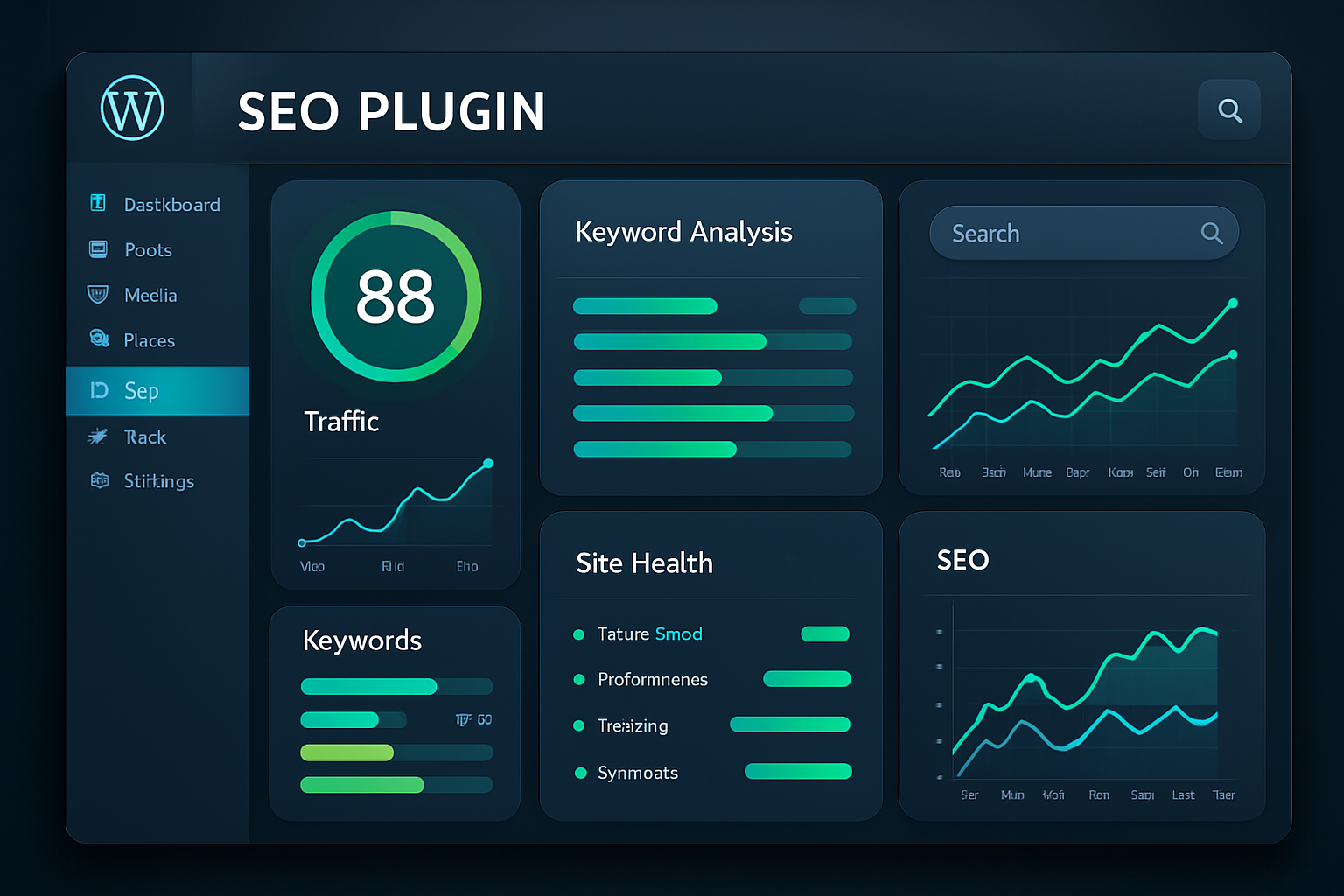 A screenshot of a WordPress SEO plugin dashboard, showing various optimization tools, graphs, and usability metrics, designed to help users understand SEO performance.