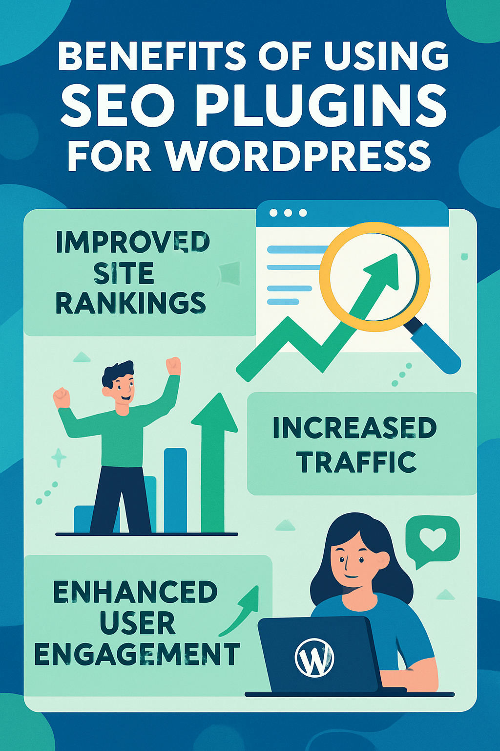 An infographic depicting the benefits of using SEO plugins for WordPress, showcasing improved site rankings, increased traffic, and enhanced user engagement in a visually engaging manner.