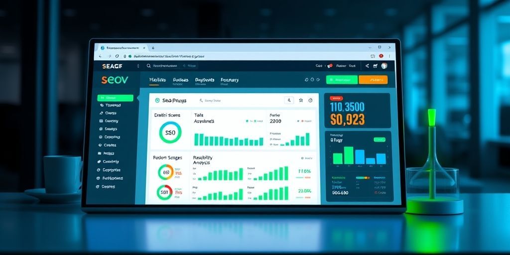 A modern digital dashboard showing a WordPress backend with SEO plugin interface open, displaying keyword optimization scores, readability analysis, and green success indicators.