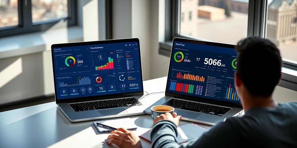 A person comparing two different WordPress SEO plugin dashboards on side-by-side laptop screens, showing detailed analytics and scores.
