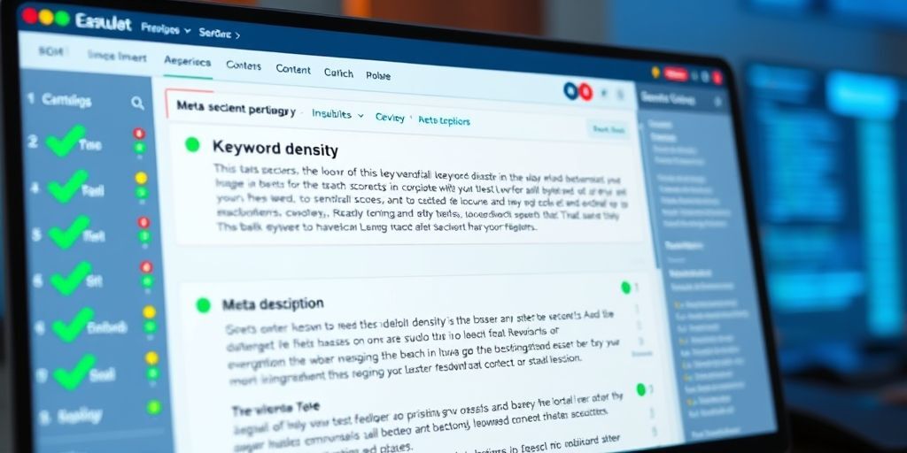 A detailed view of an SEO plugin content analysis tool with green checkmarks, showing keyword density, meta description preview, and content readability grade.