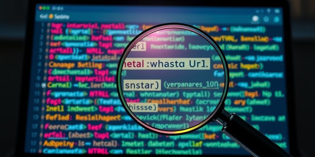 A visual comparison showing messy, complex URLs transforming into clean, structured URLs with Persian characters, with a magnifying glass highlighting SEO-friendly elements like keywords and hyphens, set against a website backend interface.