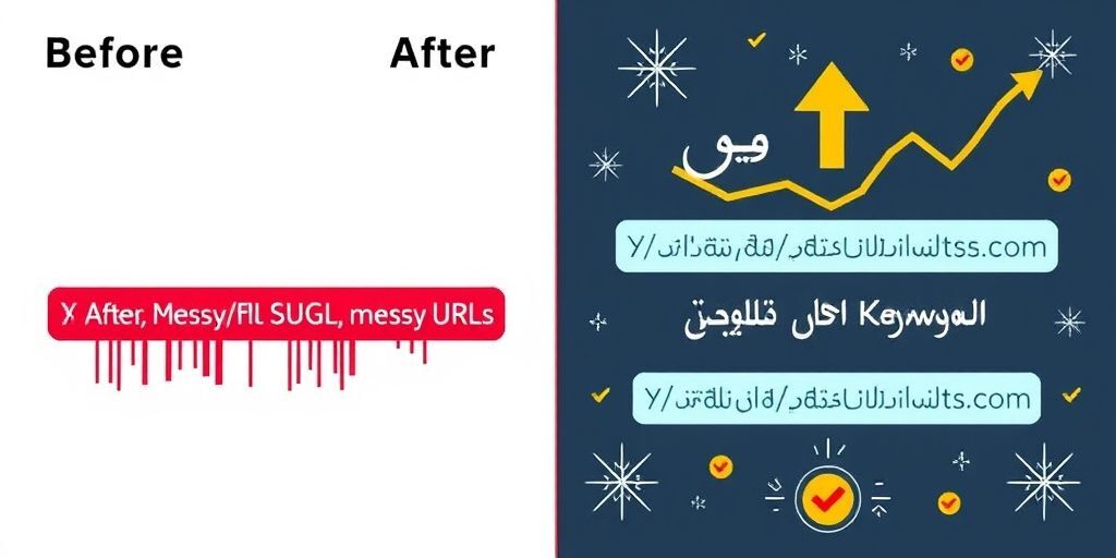 A before-and-after visual: left side shows long, messy URLs with random characters, right side shows clean, keyword-rich Persian URLs with checkmarks, surrounded by upward trending graphs and Persian calligraphy elements.