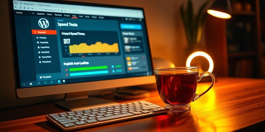 A modern computer screen displaying a WordPress dashboard with speed test results, showing fast loading times. On the side, a cup of Persian tea sits next to a keyboard, creating a cozy workspace atmosphere.