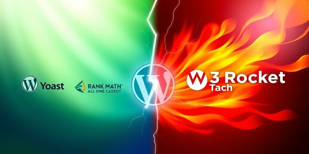 A split-screen graphic showing the logos of popular WordPress SEO plugins like Yoast, Rank Math, and All in One SEO on one side, and speed optimization plugins like WP Rocket, W3 Total Cache on the other, connected by lightning bolts symbolizing speed.