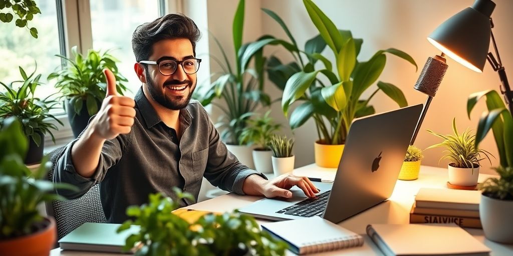 A cheerful Persian web developer giving a thumbs-up while looking at a laptop screen showing excellent website speed test results. Plants and notebooks are scattered on the desk, indicating a productive work environment.