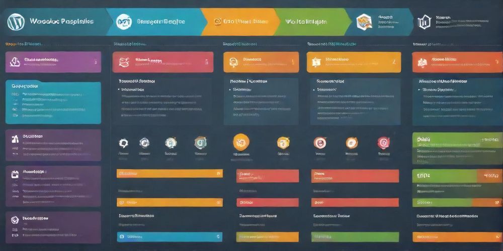 A vibrant infographic illustrating the comparison of popular WordPress SEO plugins like Yoast SEO and Rank Math, showing features, user ratings, and ease of use.