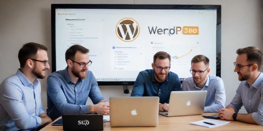 A team of SEO experts collaborating online, discussing strategies for optimizing WordPress sites with effective plugins and tools for maximizing reach.
