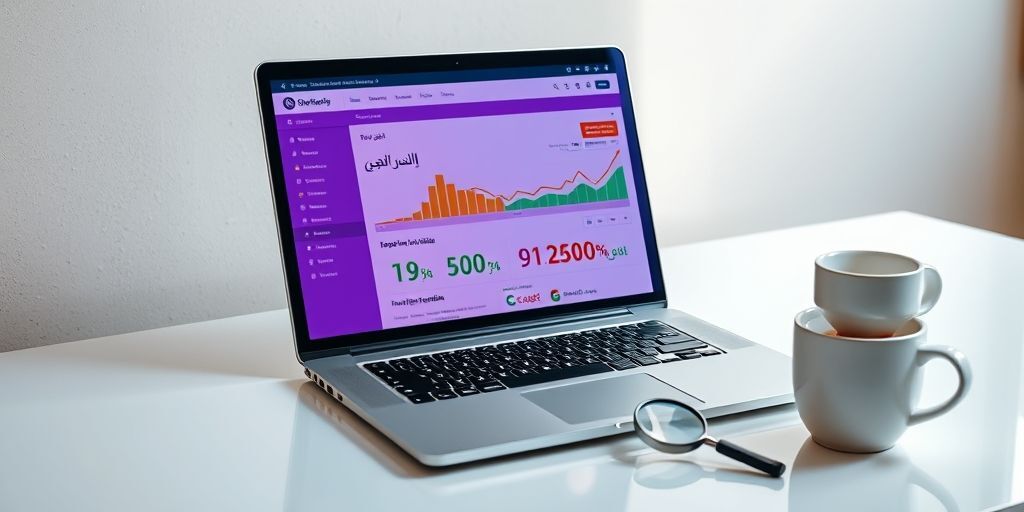A modern laptop showing WordPress dashboard with SEO plugin interface visible, Persian text in content editor, colorful graphs showing traffic growth, and a magnifying glass over search engine icons on a clean desk with coffee cup, vibrant and professional
