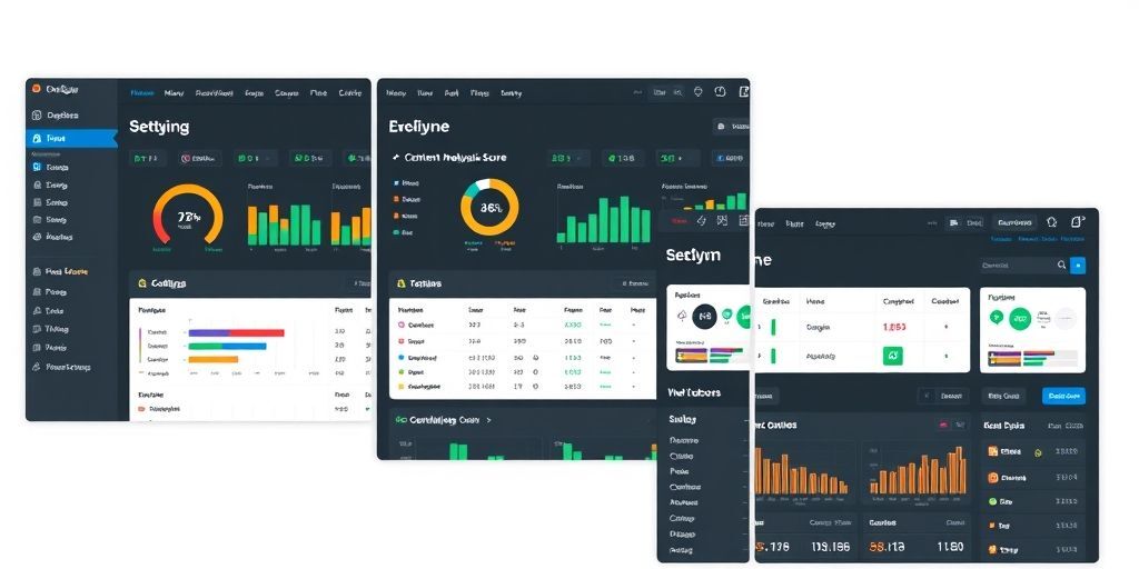 A split-screen comparison showing three different WordPress SEO plugin dashboards with Persian language settings, featuring color-coded metrics, content analysis scores, and mobile responsiveness indicators, modern UI design