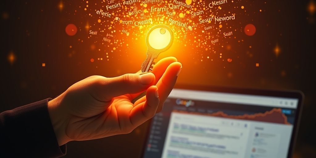 A hand holding a glowing key over a WordPress website with visible SEO score improvement, Persian keywords floating above, with search engine result pages showing top rankings, dynamic and motivational