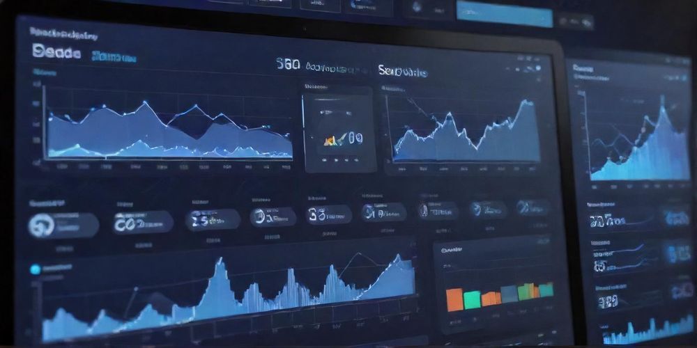 An engaging visual of SEO analytics dashboard with graphs, charts, and AI tools, symbolizing the integration of artificial intelligence in search engine optimization strategies.