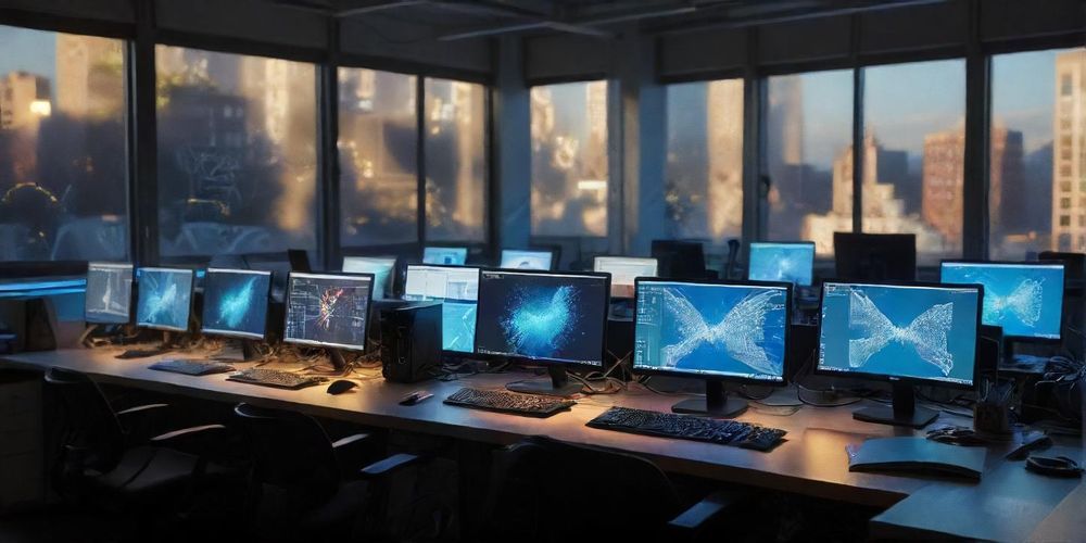 A creative workspace with laptops and notebooks showing AI content generation tools in use, representing innovative ways of writing and content creation using technology.