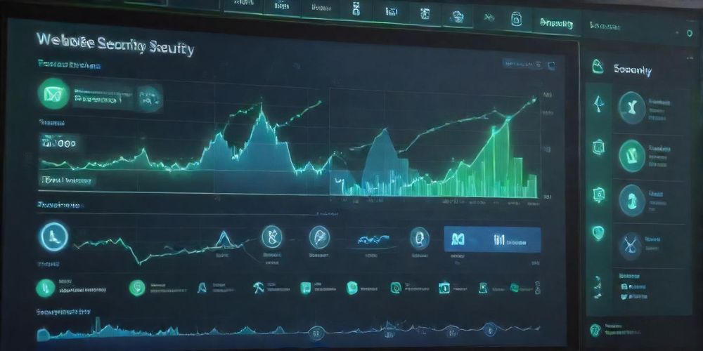 A digital screen showing a fast-growing graph of website security metrics along with AI-powered security tools and alerts, illustrating the importance of cybersecurity in the digital age.