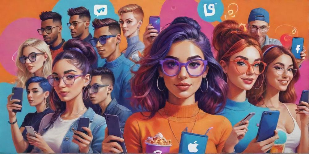 A vibrant illustration depicting various social media influencers interacting with brands, showcasing a blend of products and personalities, creating a dynamic and engaging online environment.