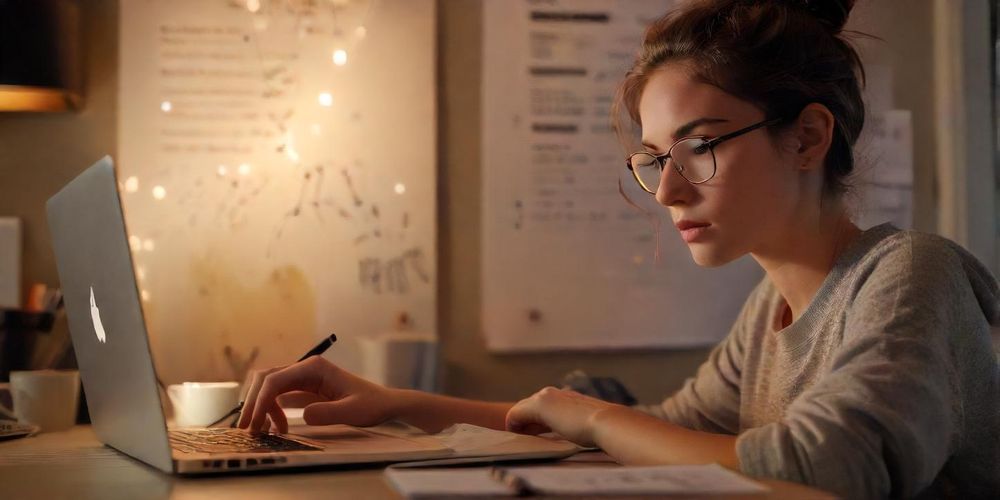 A close-up shot of a young marketing professional analyzing influencer data on a laptop, surrounded by notes and coffee, reflecting the strategic approach to influencer selection.