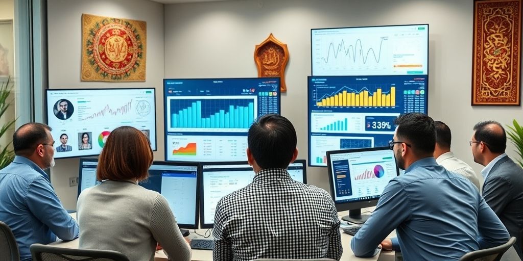 A diverse group of Iranian business professionals analyzing social media platform statistics on multiple screens, with colorful charts and Persian interface elements visible, in a modern office setting with traditional Persian art elements on the wall.