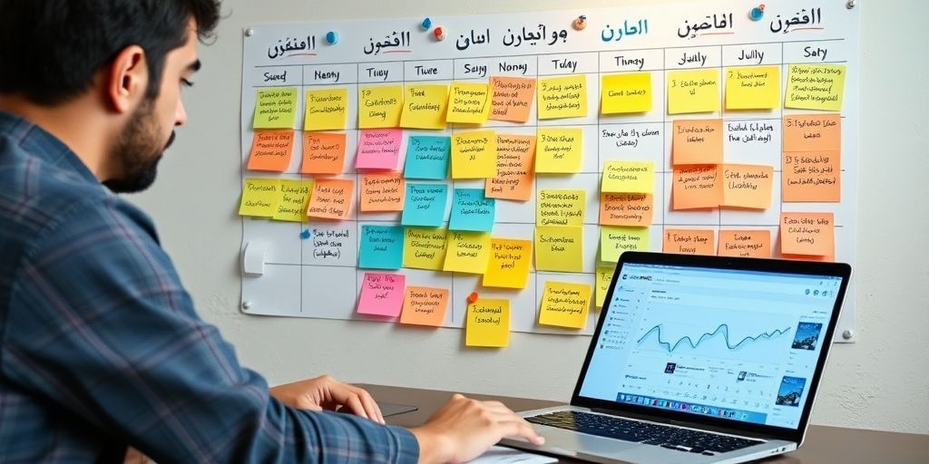 An Iranian content creator planning a social media calendar with Persian text, colorful sticky notes on a wall showing content ideas, hashtags and engagement metrics, with a laptop displaying analytics dashboard.