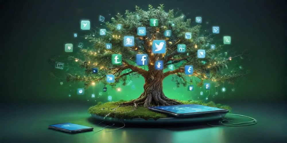 A vibrant graphic showcasing a concept of evergreen content with elements like a tree, a digital device, and social media icons, symbolizing sustainability and continual engagement.