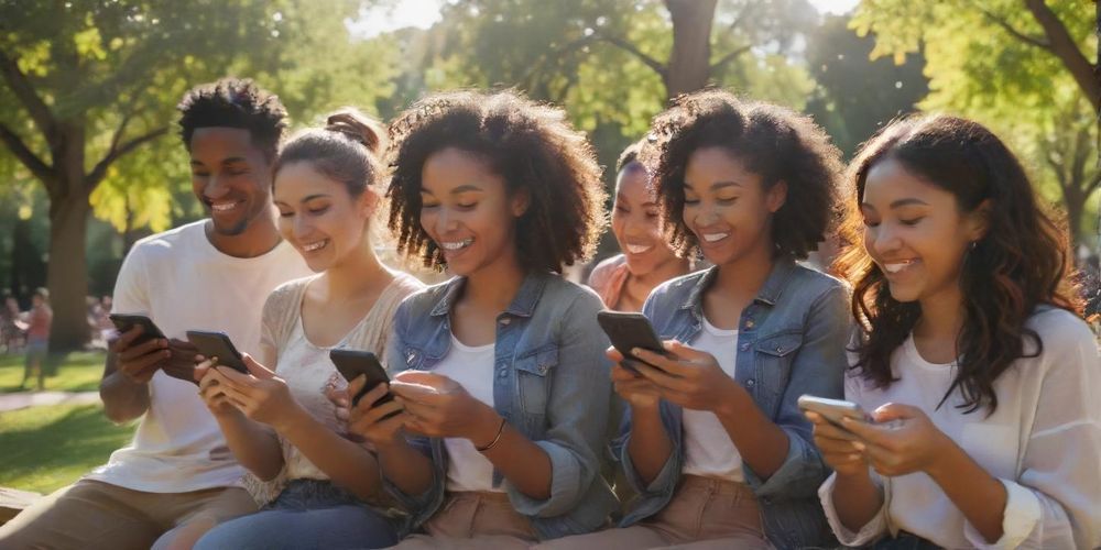A dynamic visual of diverse individuals engaging with social media platforms through their mobile devices, showcasing excitement and interaction in a bright and colorful setting.