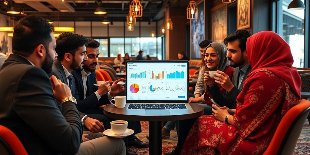 A diverse group of Iranian professionals engaged in a lively discussion around a laptop showing colorful social media analytics dashboards, sitting in a modern Tehran coffee shop with traditional Persian elements in the background.