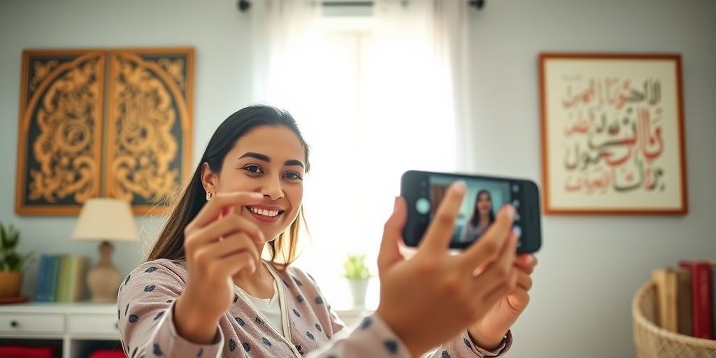 An Iranian content creator smiling while filming a vertical educational video on her smartphone in a bright home office setup, with Persian calligraphy art visible on the wall behind her.