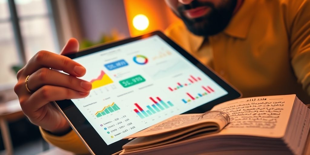 A close-up of an Iranian marketer analyzing colorful social media metrics dashboards on a tablet, showing growth trends in Persian language, with a notebook featuring handwritten Farsi notes beside it.