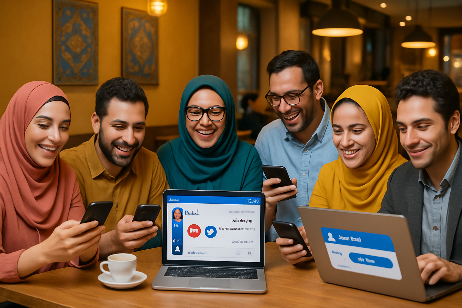 A diverse group of Iranian professionals engaging with social media on smartphones and laptops in a modern cafe setting, with visible Persian-language interfaces and expressions of positive interaction.
