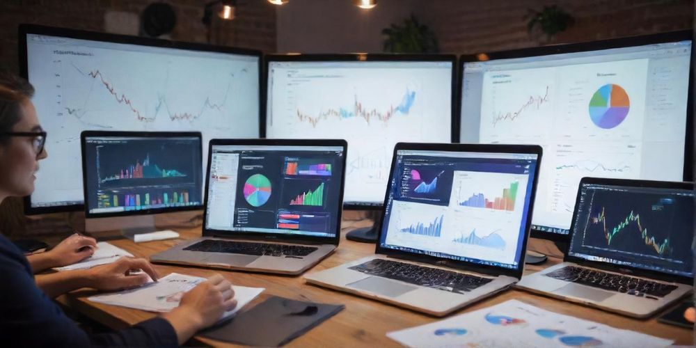 A vibrant image of a digital marketing strategy session with a team brainstorming interactive content ideas, laptops open, and charts visible, indicating collaboration and creativity.