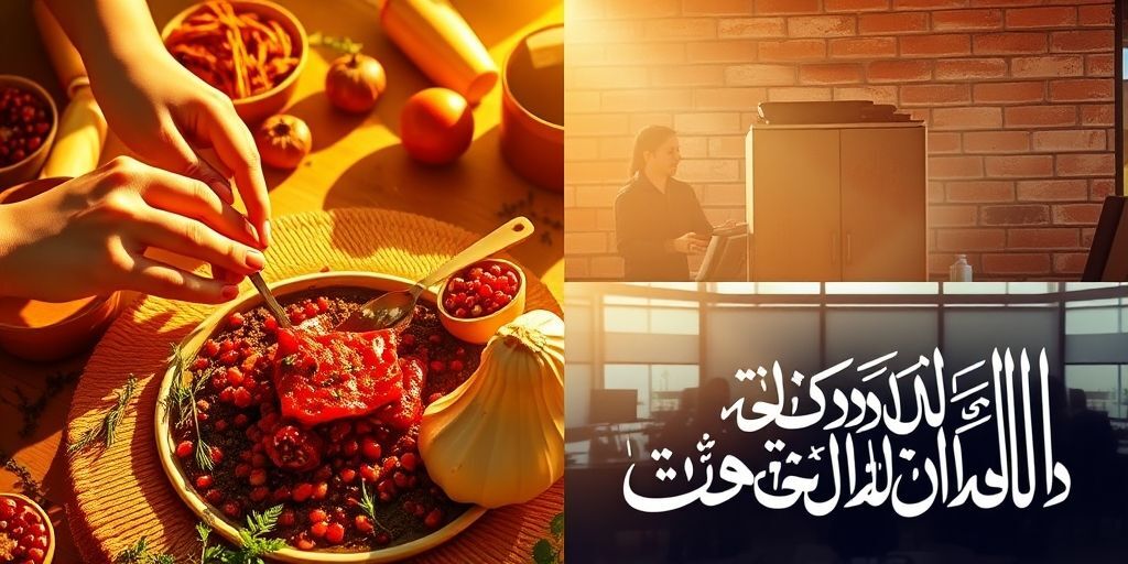 A split-screen showing four video types: 1) A hands preparing Persian food with ingredients, 2) Unboxing traditional handicrafts, 3) Office team laughing behind the scenes, 4) Animated explainer video with Persian calligraphy elements.