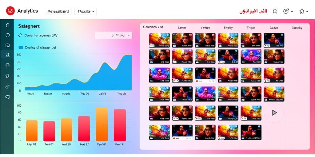 An analytics dashboard showing Persian-language metrics with rising engagement graphs, alongside a content calendar with colorful video thumbnails and scheduling dates.