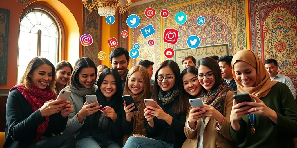 A diverse group of Iranian people smiling while sharing content on their smartphones in a vibrant Tehran café, showing viral social media icons floating above their heads, with warm natural lighting and authentic Persian decor in the background.