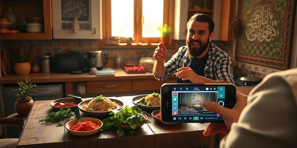 An Iranian content creator filming a vibrant cooking tutorial in a traditional kitchen, showing colorful ingredients and a smartphone displaying rapidly rising engagement metrics, with Persian calligraphy art visible on the wall.