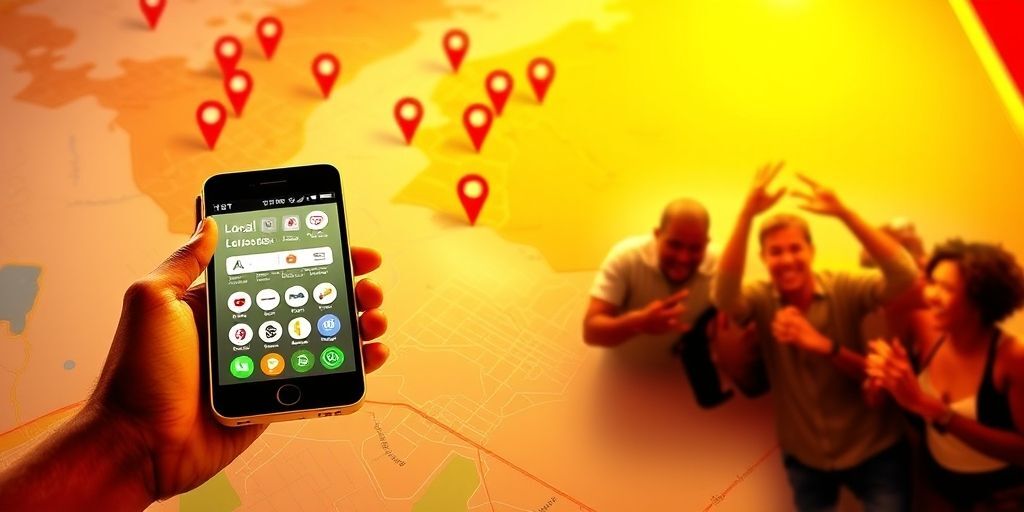 A vibrant digital marketing concept showing a map with location pins, a smartphone displaying a local business app, and a group of diverse people interacting in a local community, with warm and inviting colors.