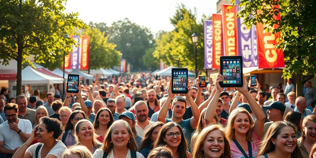 A diverse group of happy customers at a local event, with branded banners, digital tablets showing social media engagement, and a sense of community celebration in a town square setting.