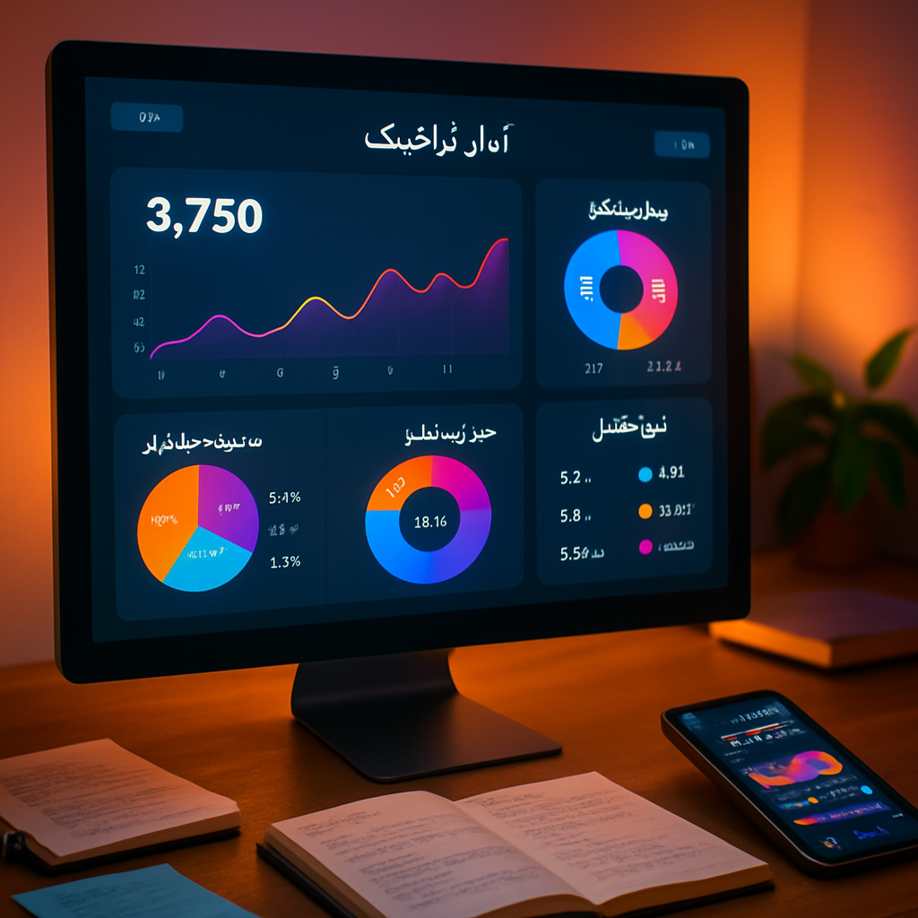 A colorful analytics dashboard showing traffic statistics on a desktop monitor, with Persian labels for visitor demographics, popular content, and engagement metrics, surrounded by notebooks and a mobile phone displaying real-time data.