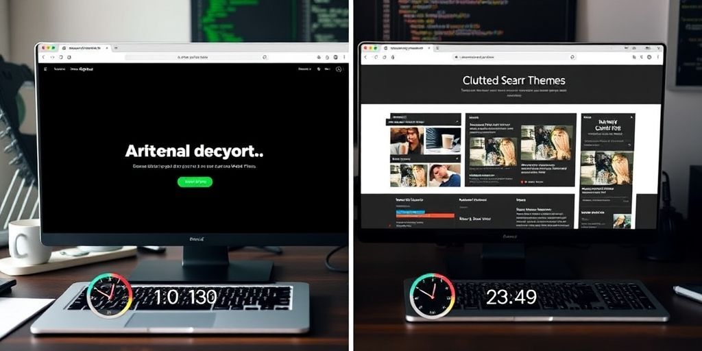 A split-screen comparison showing a sleek, minimalist WordPress theme on the left versus a cluttered, heavy theme on the right, with clear loading time indicators demonstrating the speed difference, set on a developer's desk with coding tools in the background.