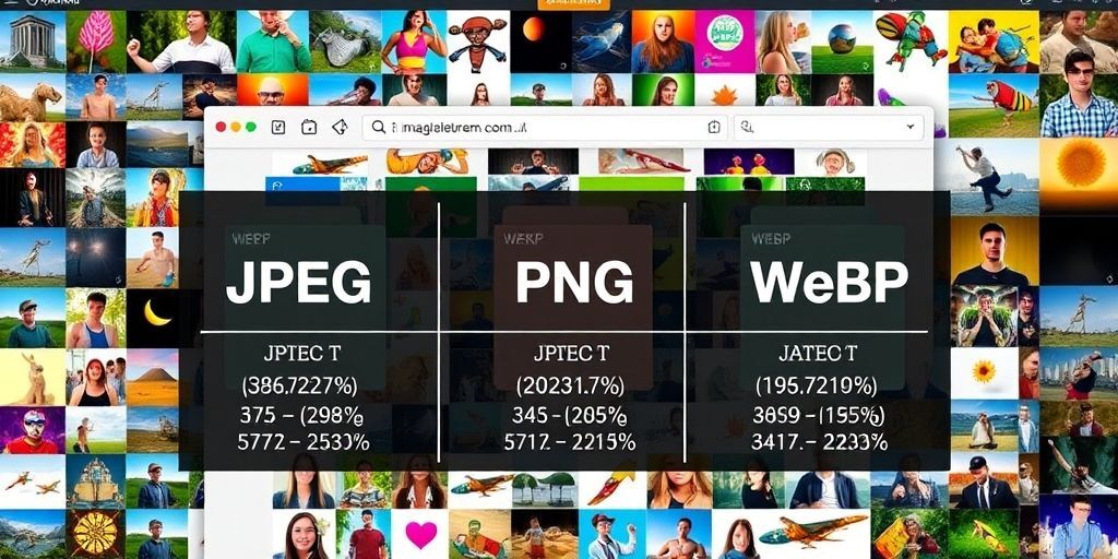A visual diagram showing different image file types (JPEG, PNG, WebP) with their file sizes and quality comparisons, overlaid on a colorful WordPress media library interface.