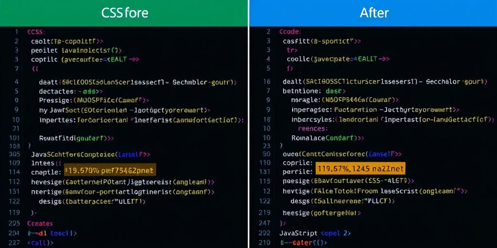 A developer's screen showing before-and-after code minification of CSS and JavaScript files in a WordPress plugin interface, with significant file size reduction percentages highlighted.