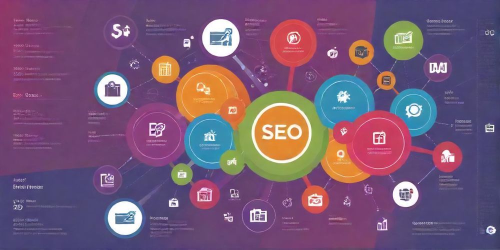 A clear and attractive diagram illustrating the relationship between keywords, SEO, and WordPress sites, using vibrant colors and icons to enhance understanding.