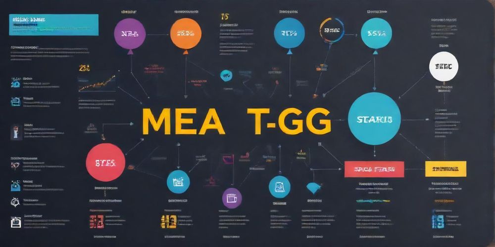 An illustration showing the role of meta tags in SEO, with examples and benefits, designed with colorful charts and appealing graphics to engage the audience.