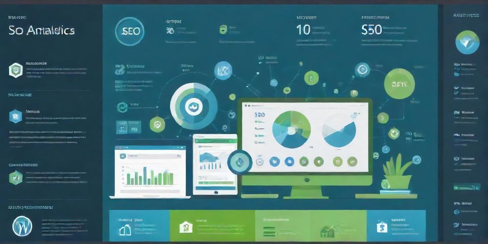An informative visualization depicting SEO analytics, featuring keyword research tools, search engine ranking graphs, and engaging visuals that represent effective WordPress SEO strategies.
