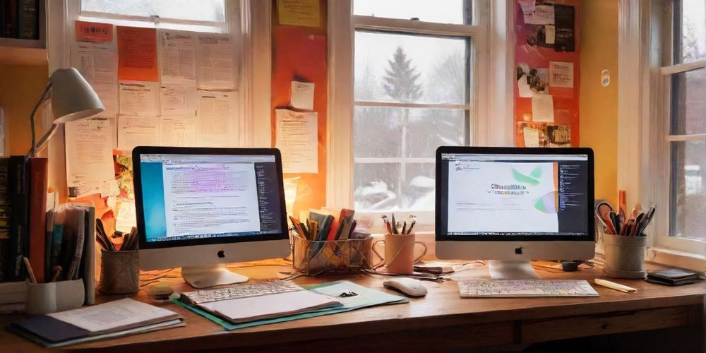 A vibrant workspace containing marketing books and notes about SEO practices, with a focus on keyword strategies and their impact on WordPress performance.