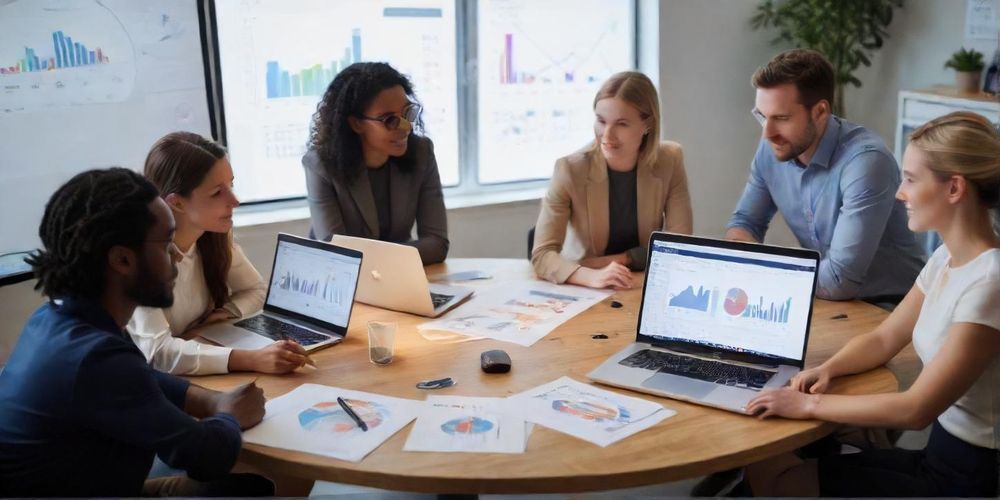 A diverse team of professionals collaborating over a modern table with laptops and charts, showcasing strategic partnership discussions in a start-up environment.